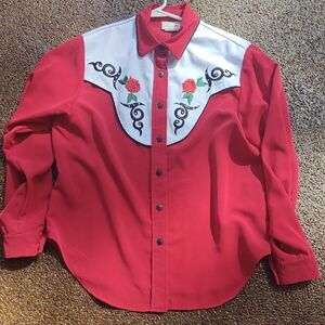 Lucille Red Rose Western Shirt with Floral Embroidery